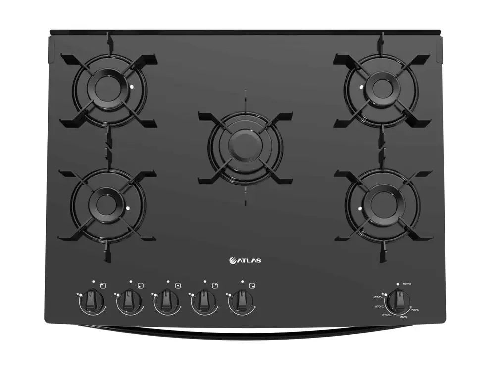 Cooktop preto Atlas 5 bocas, mesa de vidro, acendimento automático, design moderno.