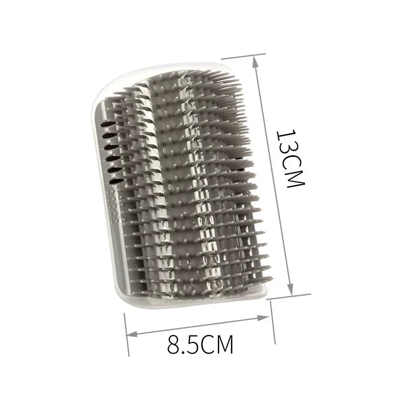 Escova massageadora cinza para gatos, com medidas 13x8,5cm, cerdas de borracha.