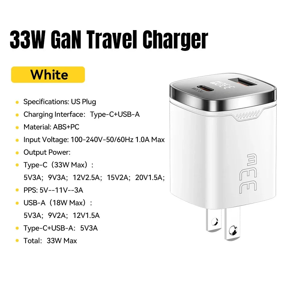 Carregador de viagem branco 33W GaN, plugue US, com portas USB-C e USB-A, compacto para dispositivos eletrônicos.