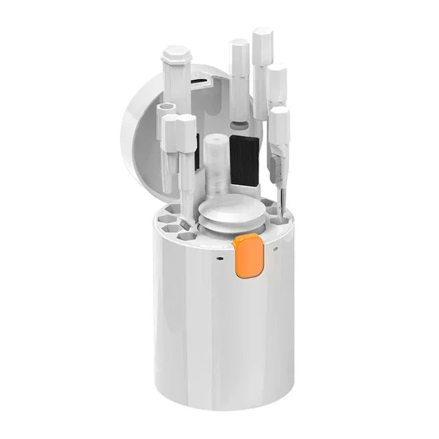 Kit de limpeza eletrônico portátil branco com acessórios e tampa aberta