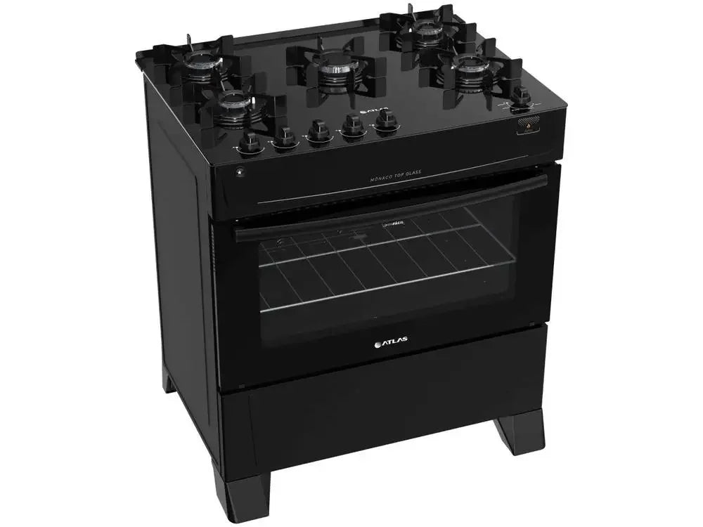 Fogão Atlas preto, cinco bocas, mesa de vidro, forno com porta de vidro.