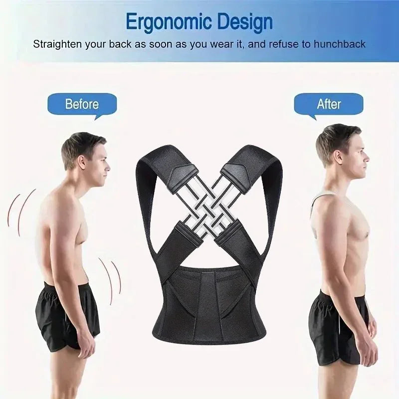 Corretor postural ergonômico com homem mostrando postura antes e depois de usar o produto.
