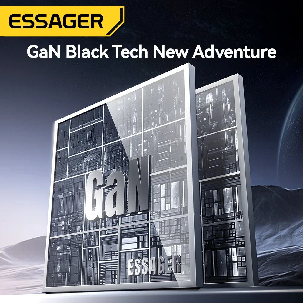 Placa GaN Essager com circuito eletrônico e fundo futurista, tecnologia inovadora.