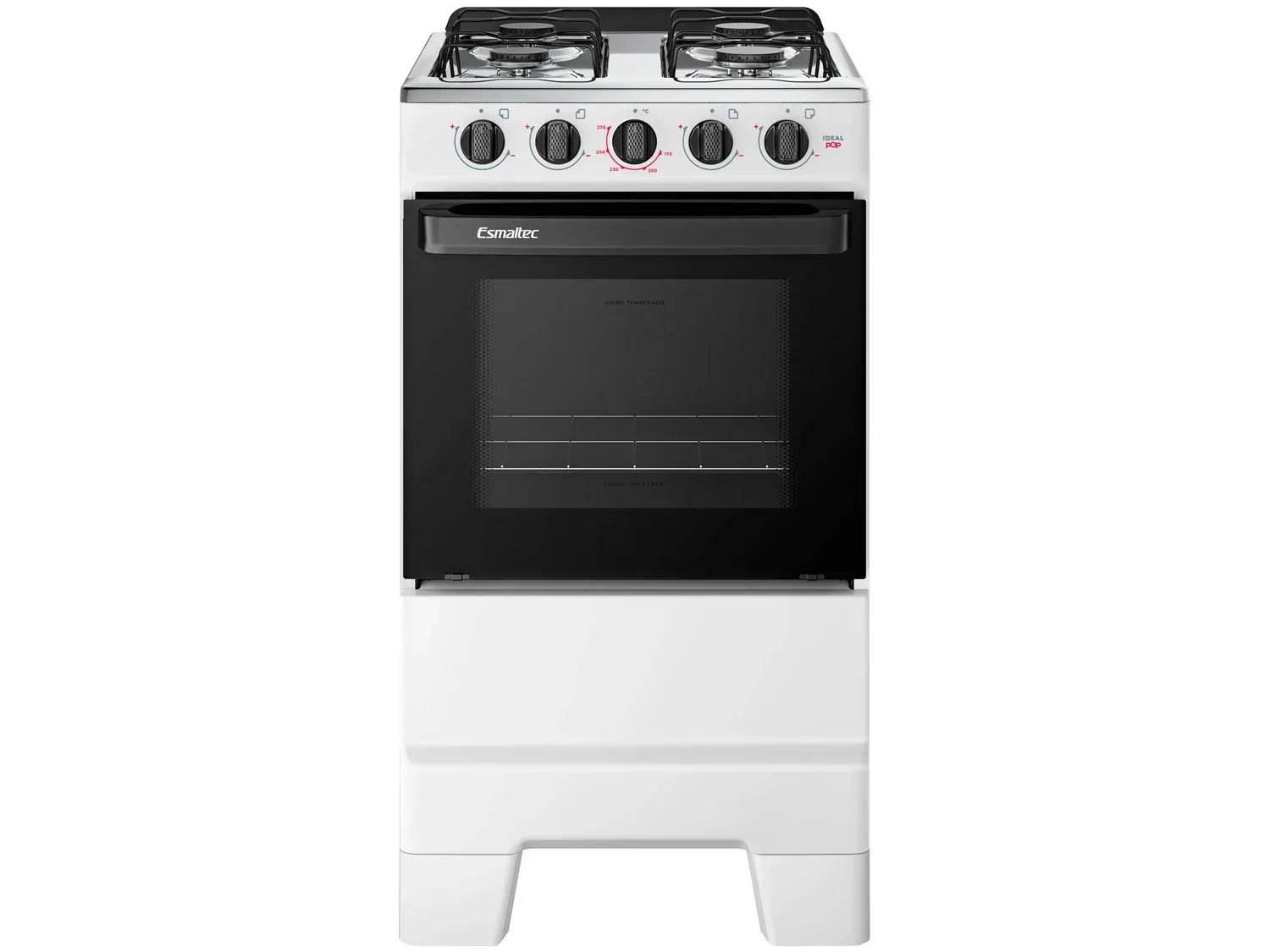 Fogão Esmaltec branco com quatro bocas, forno preto e painel de controle, em fundo branco
