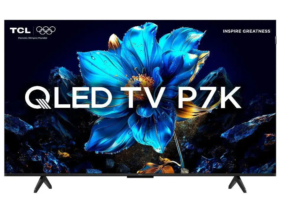 Smart TV TCL QLED P7K com imagem de flor azul em destaque na tela
