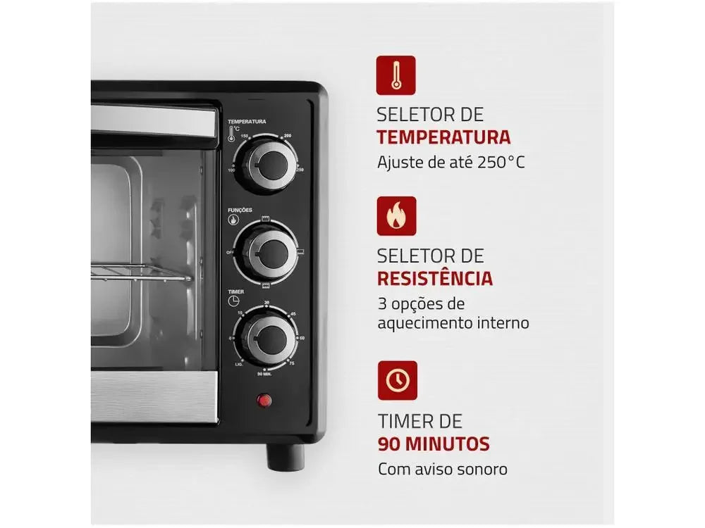 Painel de forno elétrico preto com seletores de temperatura, resistência e timer de 90 minutos.