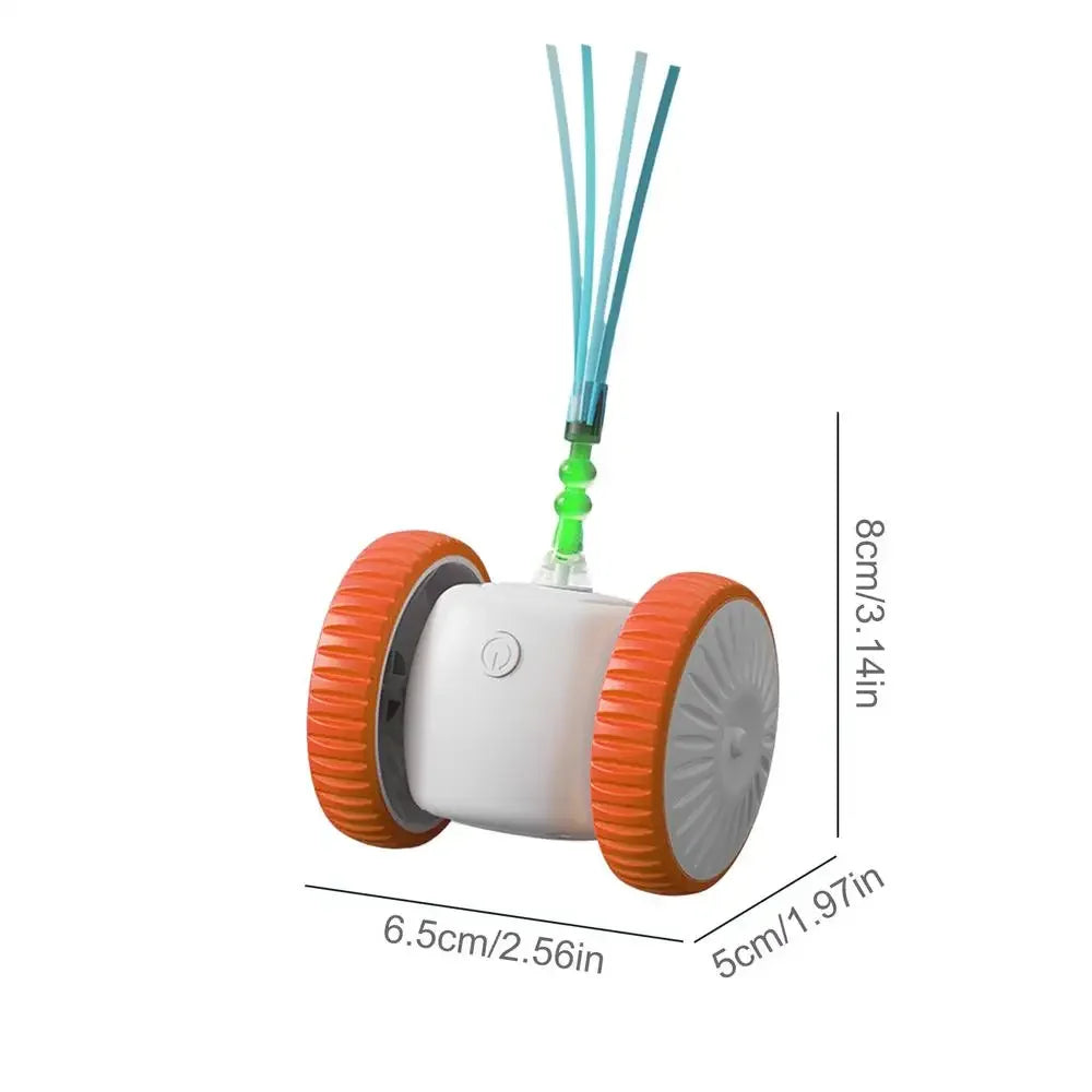 Brinquedo interativo para gatos com rodas laranja, penas azuis e dimensões visíveis.