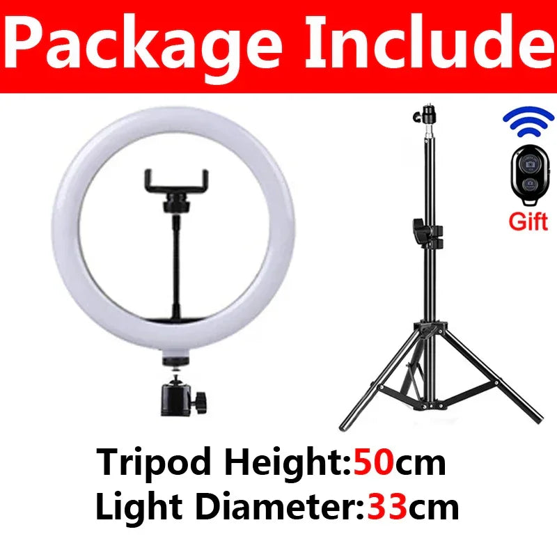 Kit de iluminação com ring light 33cm, tripé 50cm e controle remoto para fotos.