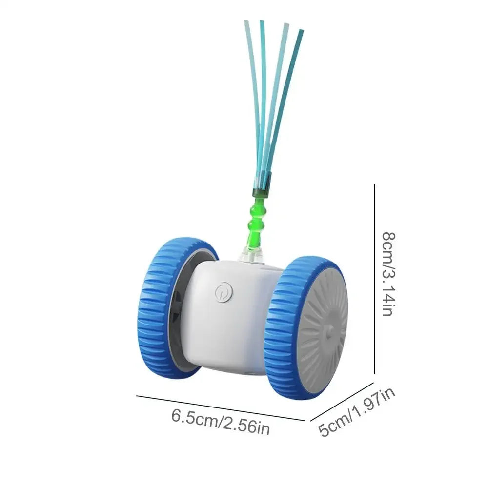 Brinquedo interativo para gatos com rodas azuis, fios coloridos e medidas visíveis