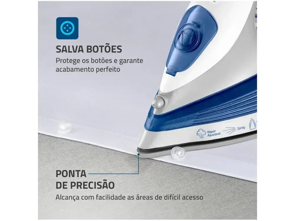 Ferro de passar roupa a vapor azul e branco com ponta de precisão, proteção salva botões.