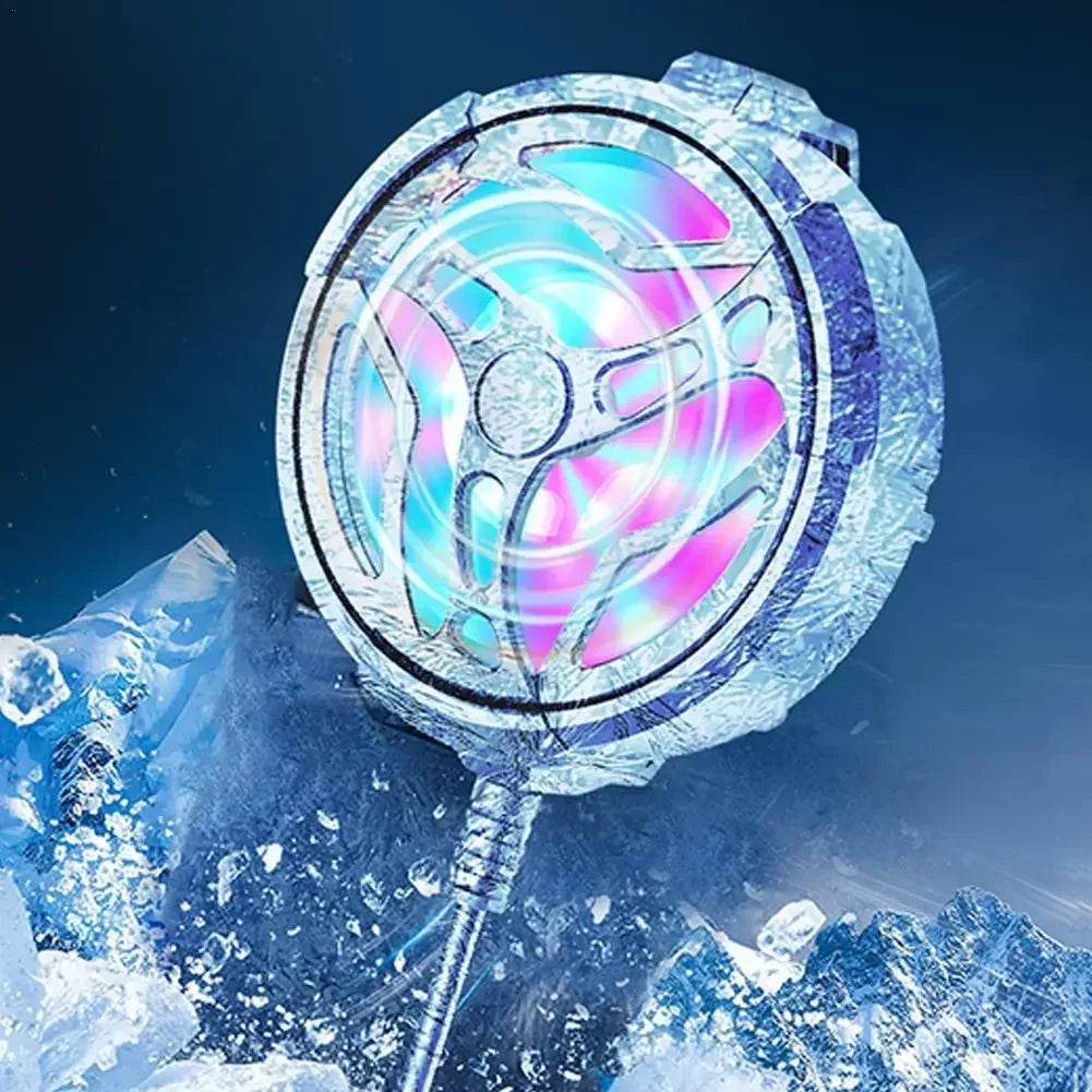 Cooler RGB para PC com efeito de gelo e luzes LED coloridas, fundo azul com gelo