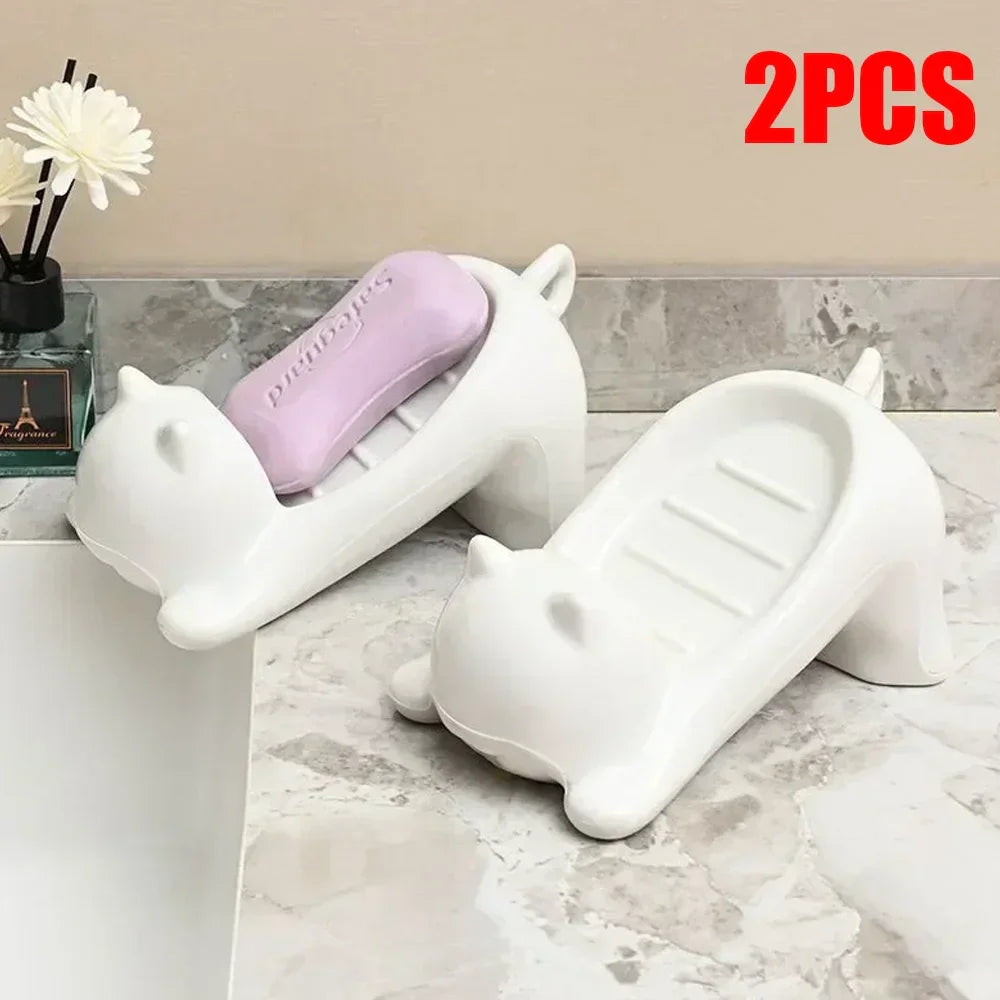 Porta-sabonete de plástico formato gato branco, kit 2 peças para banheiro, bancada de mármore.