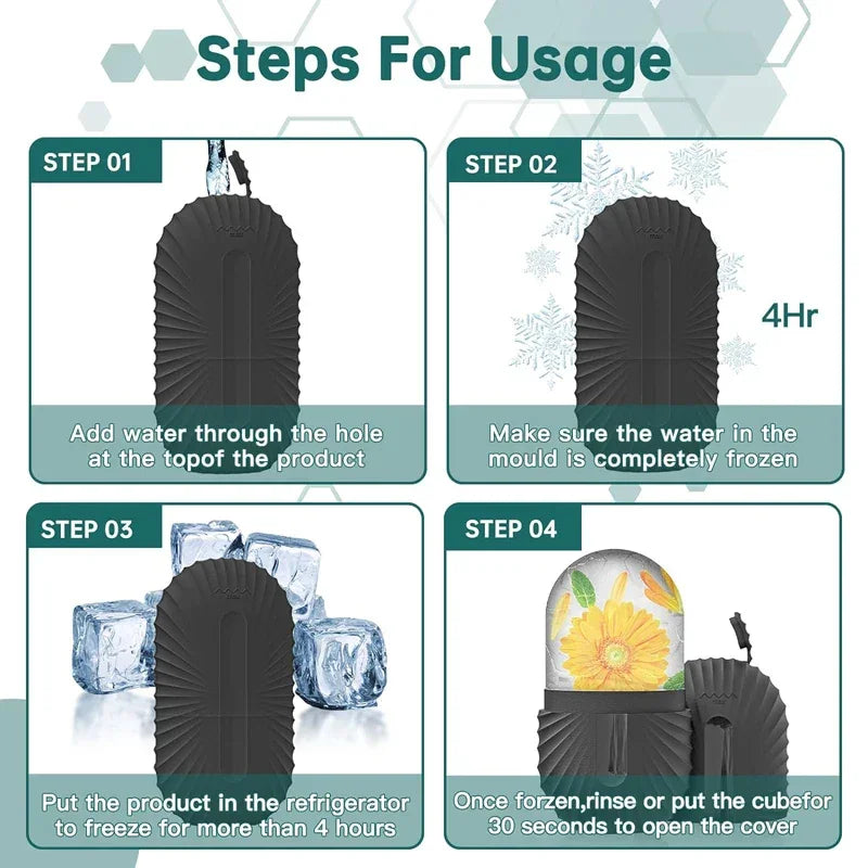 Passo a passo para usar forma de gelo preta, mostrando adição de água, congelamento e liberação do cubo.