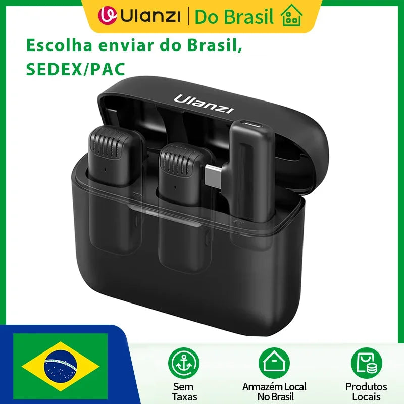 Microfone sem fio Ulanzi preto com case de carregamento, envio rápido do Brasil