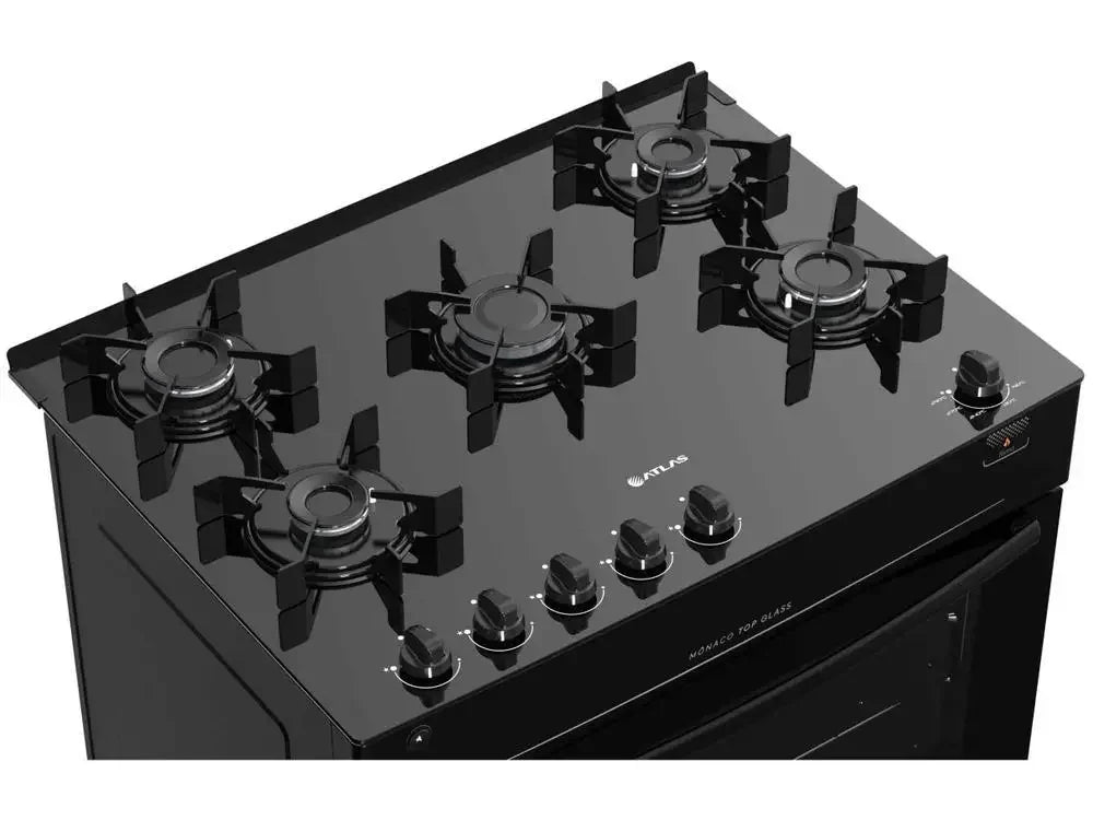 Fogão Atlas 5 bocas preto com mesa de vidro temperado e design moderno