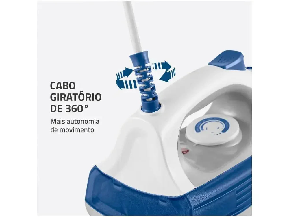 Ferro de passar com cabo giratório de 360 graus, destaque em branco e azul