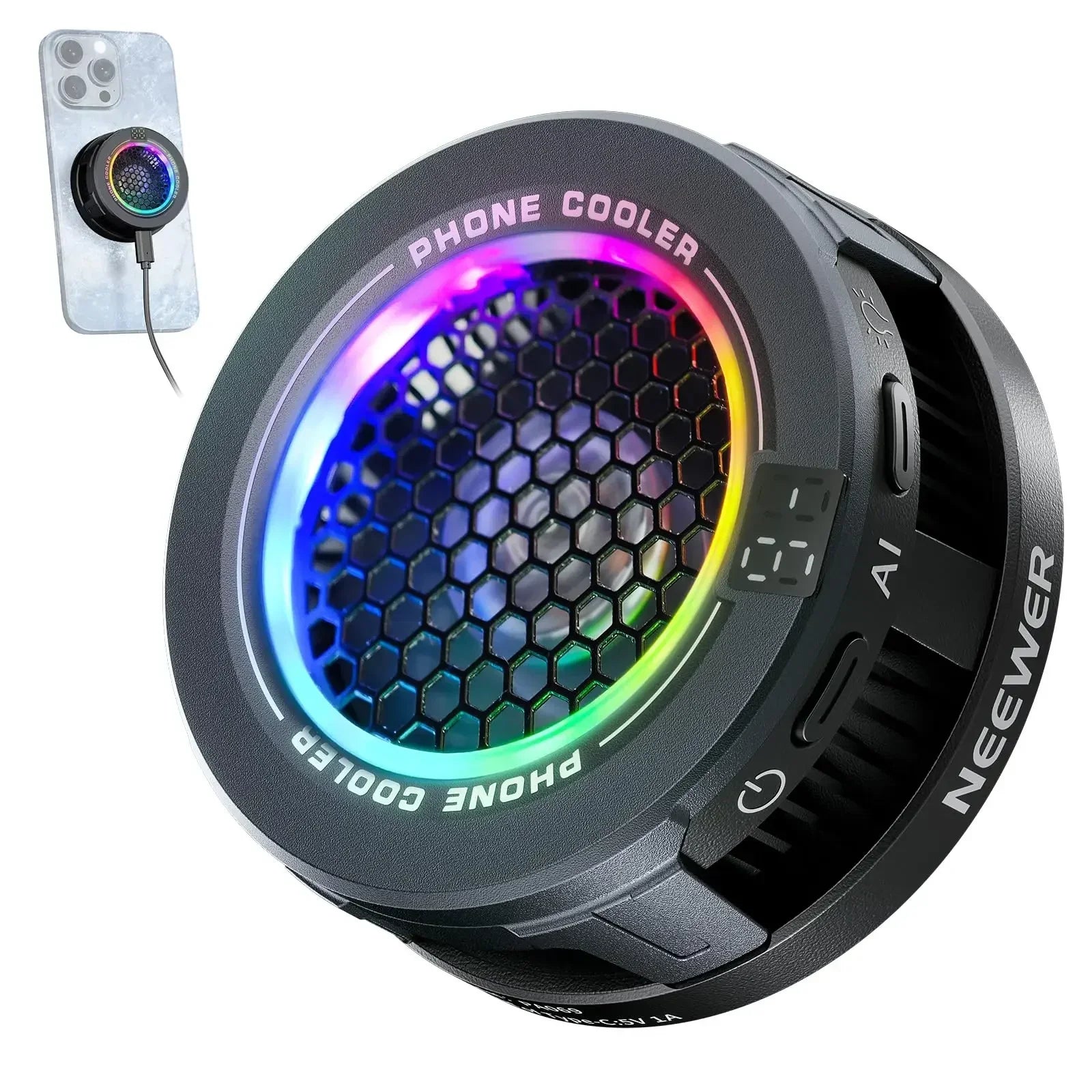 Cooler para celular Neewer com iluminação LED RGB, design circular, conectado ao smartphone.