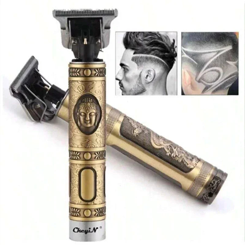 Máquina de corte de cabelo profissional dourada CheyiN com design artístico e exemplos de corte masculino estilizado.