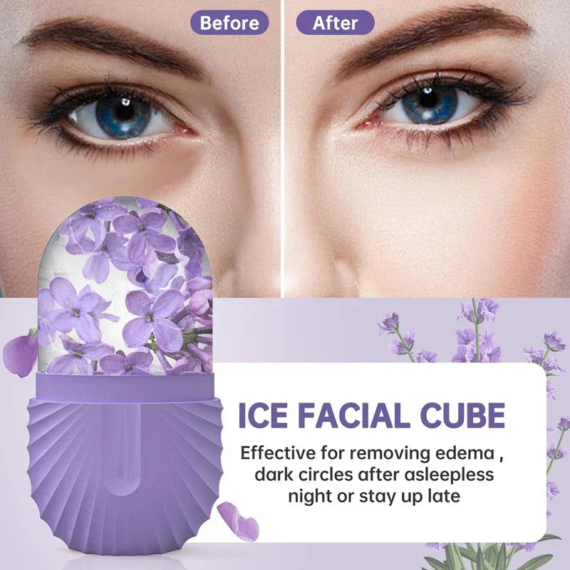 Antes e depois do uso do Ice Facial Cube lilás, máscara facial, remove olheiras e edema.