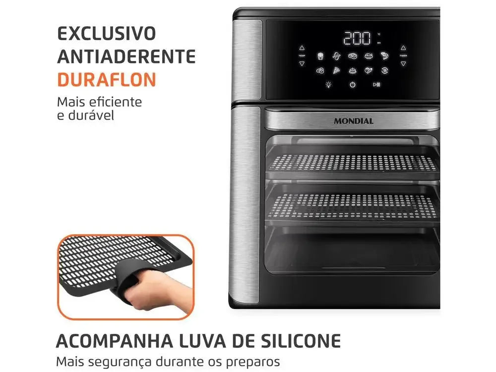 Fritadeira elétrica Mondial inox com painel digital, grades Duraflon e luva de silicone.