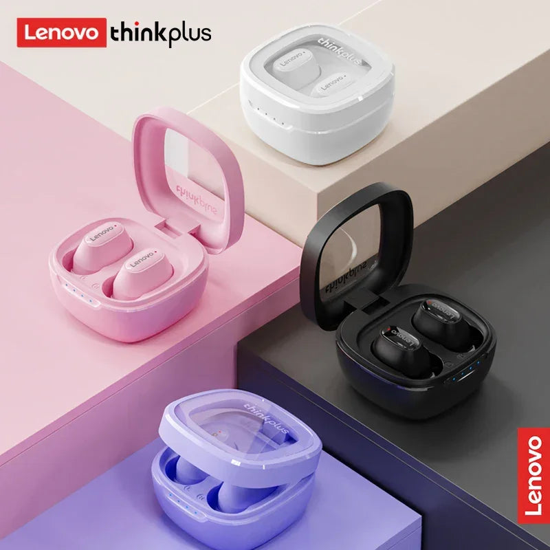 Fones de ouvido Lenovo Thinkplus em caixas coloridas, modelos rosa, branco, preto e lilás.