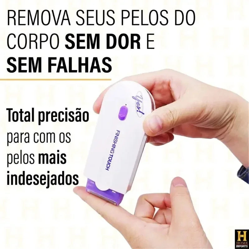 Removedor de pelos portátil Finishing Touch sendo utilizado na mão, com texto promocional sobre depilação sem dor.