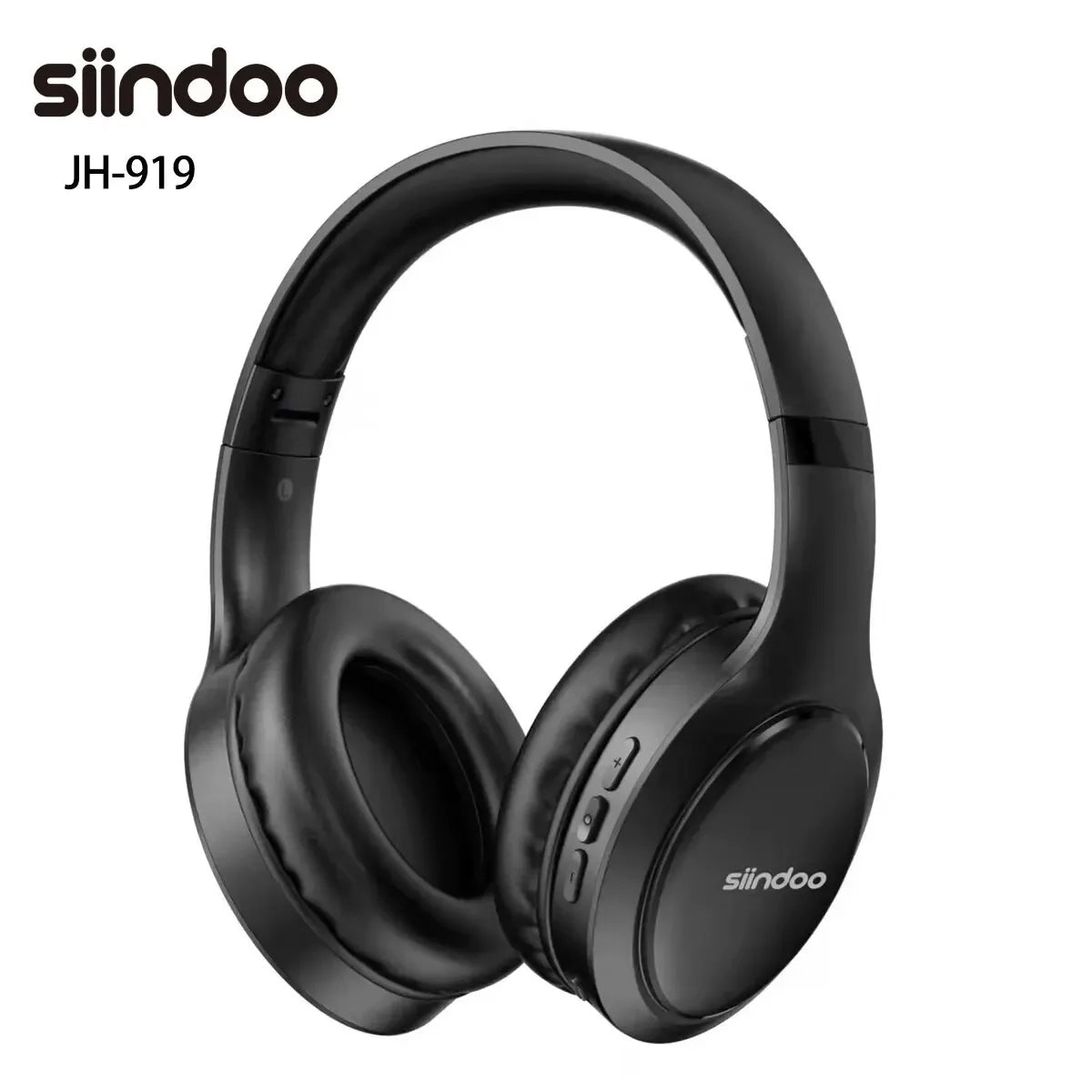 Fone de ouvido preto Siindoo JH-919, design over-ear moderno, botões laterais.
