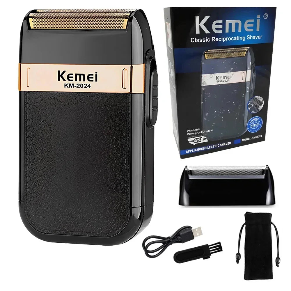 Barbeador elétrico Kemei KM-2024 preto com acessórios, caixa e cabo USB.