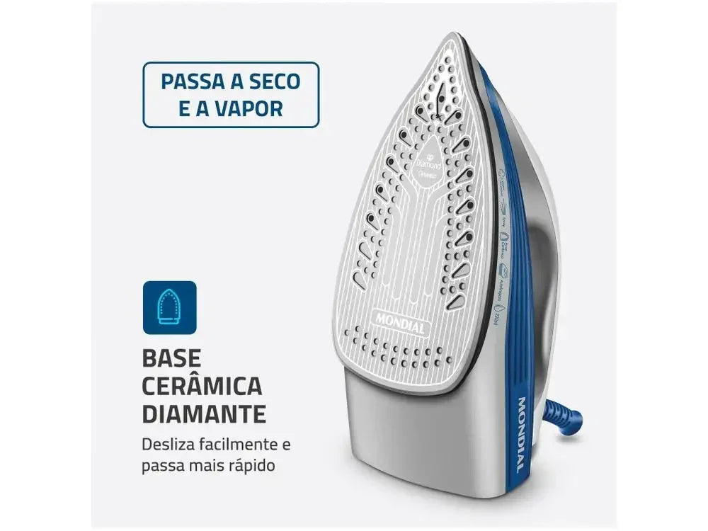 Ferro de passar roupa Mondial com base cerâmica diamantada, função seco e a vapor.