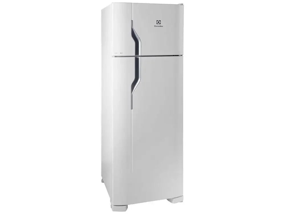 Geladeira Electrolux branca duplex com freezer superior, design moderno, porta dupla