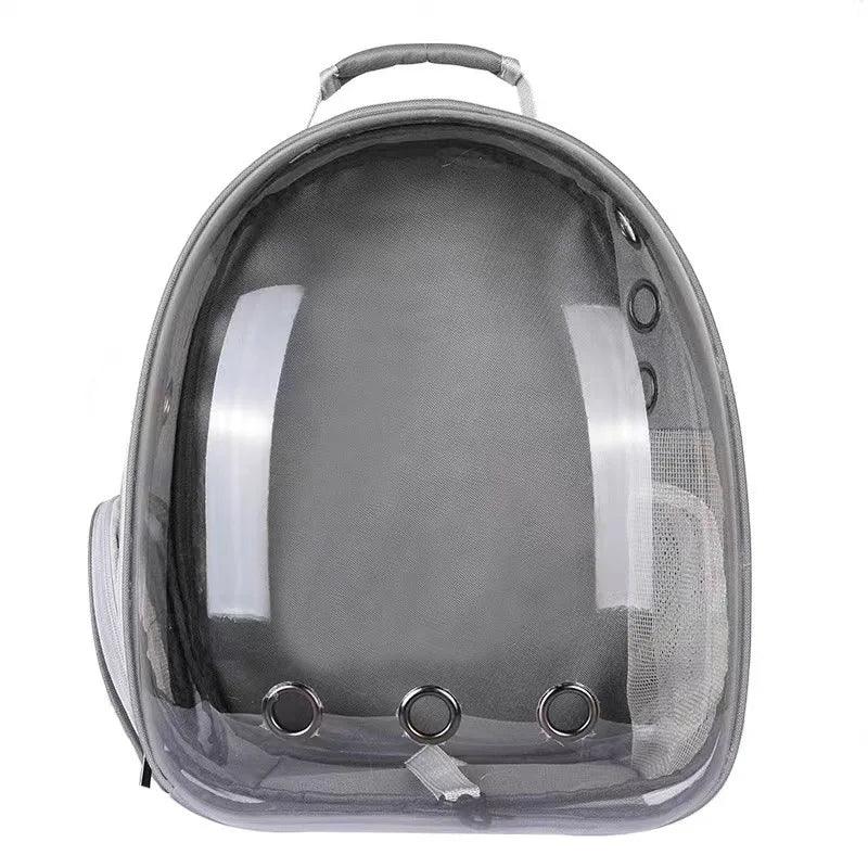 Mochila transparente para pets, ventilada, com alça e três entradas de ar, cor cinza.