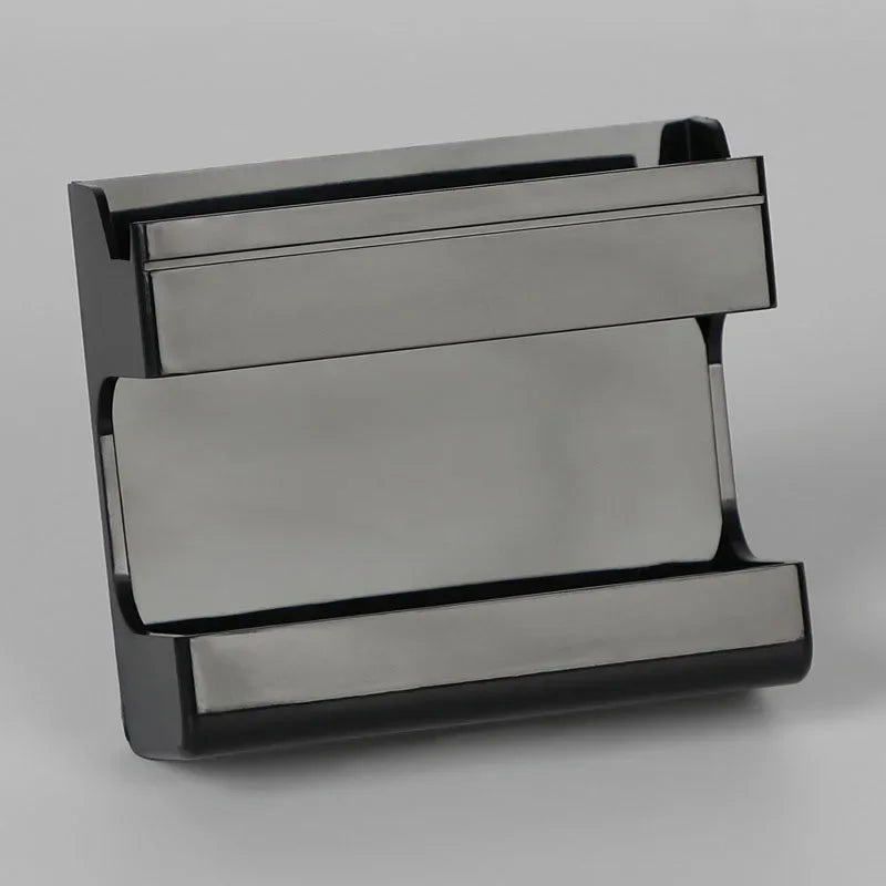 Porta-cartões de metal preto minimalista para mesa, elegante e moderno.