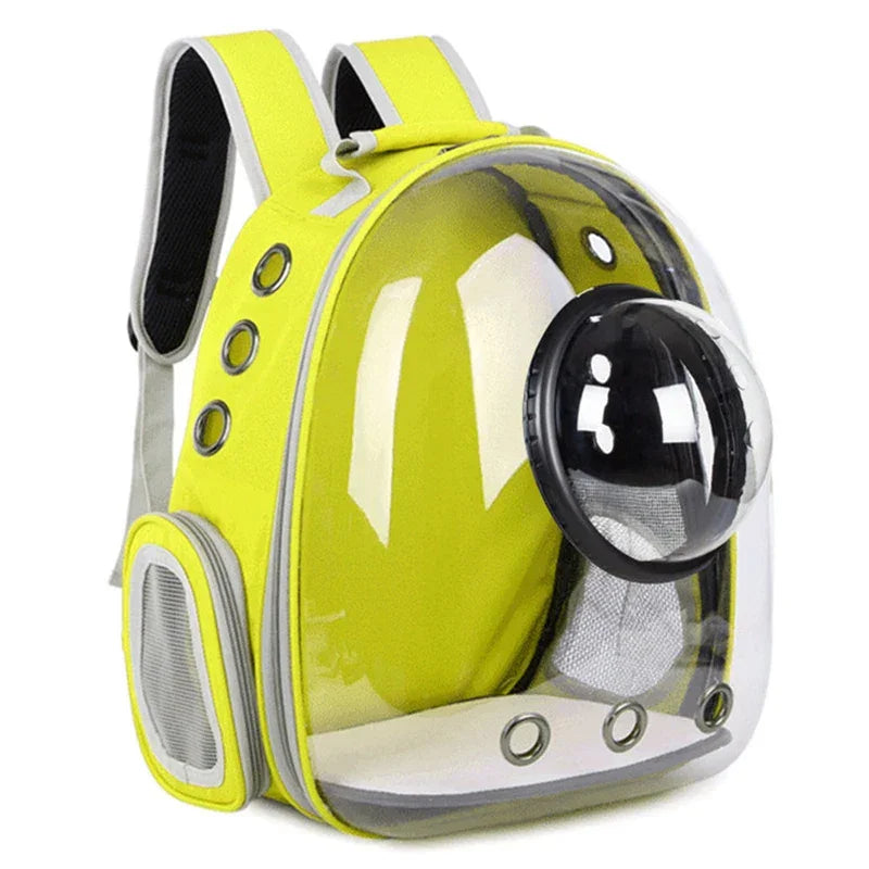 Mochila amarela para transporte de pets com visor transparente tipo cápsula e respiros.
