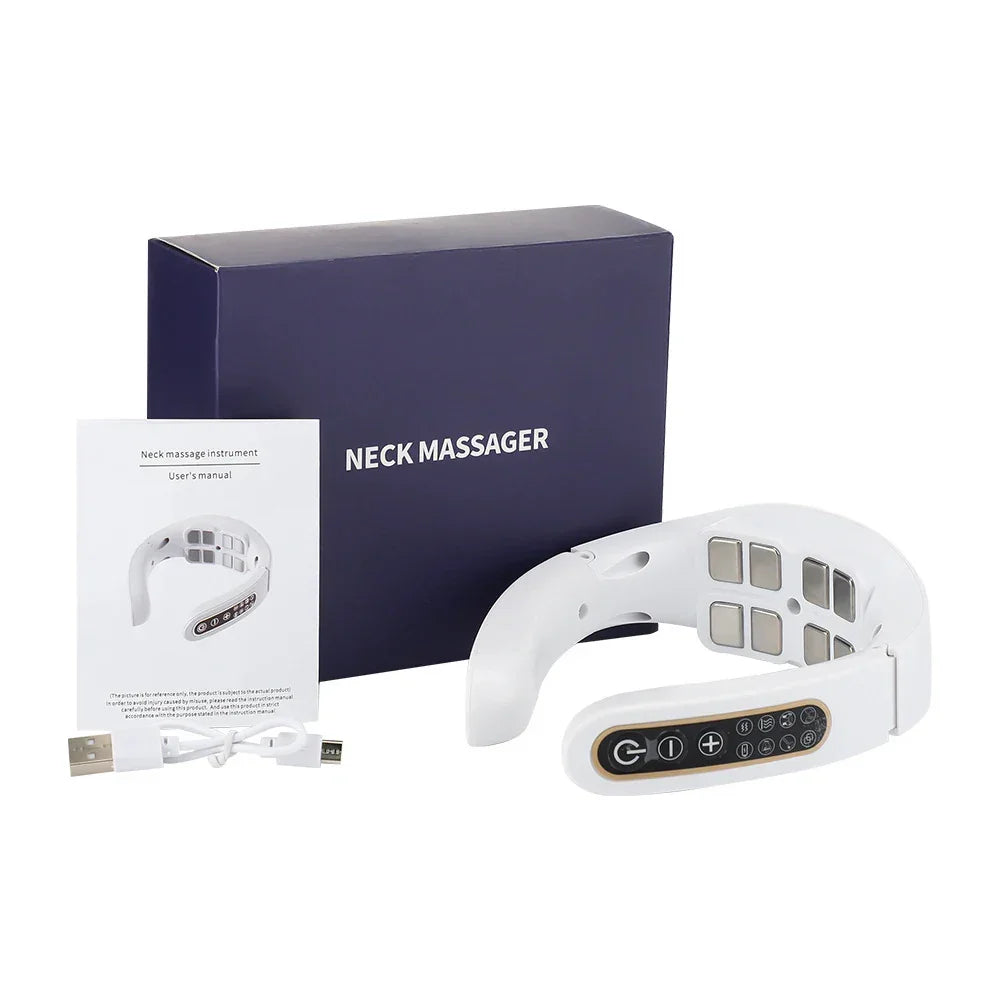 Massageador de pescoço elétrico branco com caixa, manual e cabo USB em fundo branco.