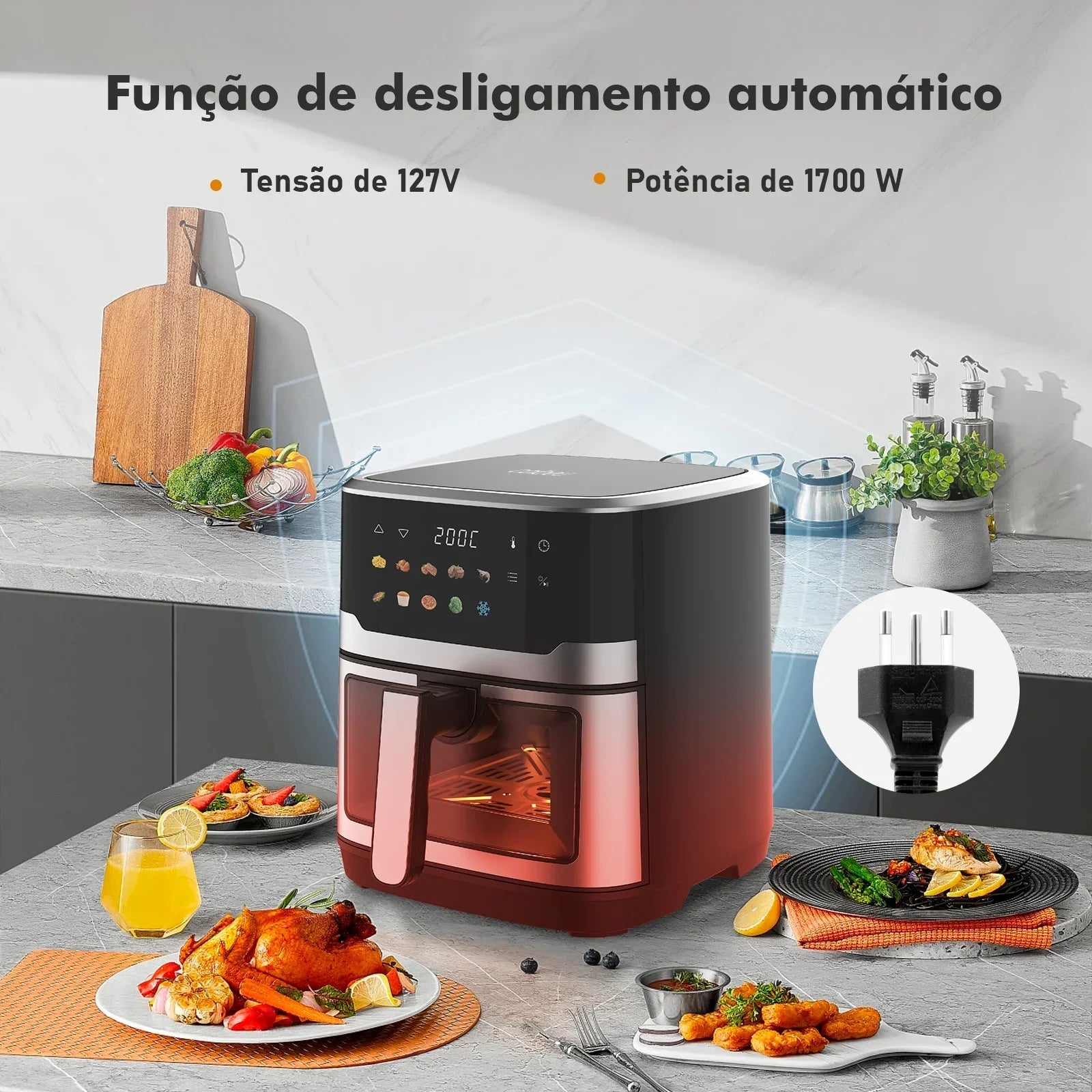 Fritadeira elétrica digital preta com função de desligamento automático em cozinha moderna, 127V, 1700W.