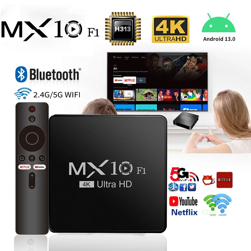 TV Box MX10 F1 4K Ultra HD com controle remoto, conectividade Wi-Fi, Bluetooth e Android 13.0, ilustrado em uso na TV com Netflix e YouTube.