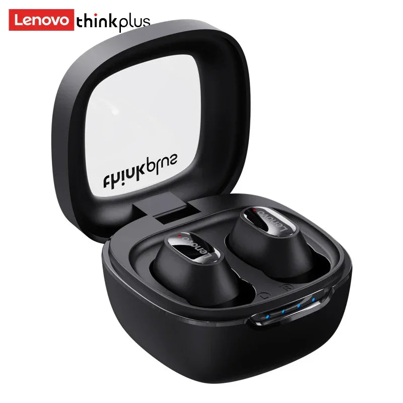 Fone de ouvido Lenovo Thinkplus preto com estojo de carregamento aberto