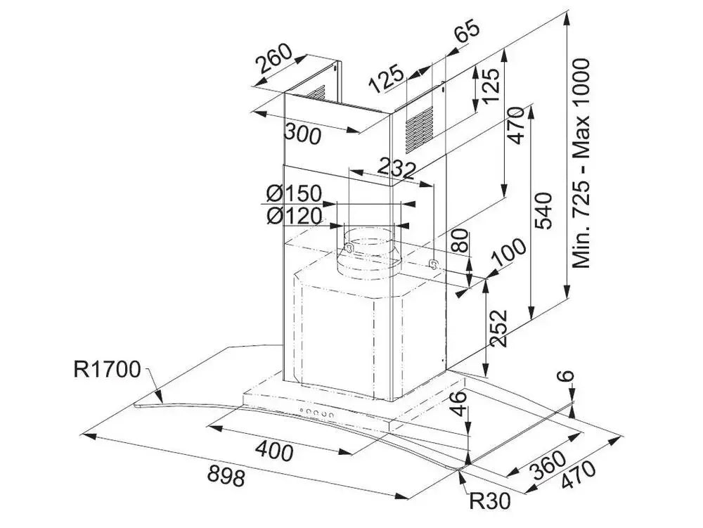 Desenho técnico de coifa de cozinha em inox com dimensões detalhadas e medidas em milímetros.