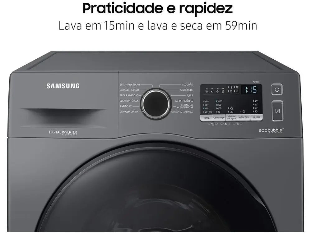 Lavadora Samsung Ecobubble preta com painel digital e botão de controle, destaque rapidez