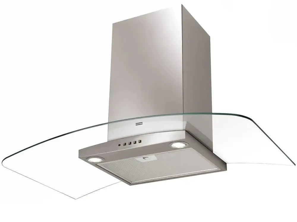 Coifa de parede inox com vidro curvo, design moderno, iluminação embutida para cozinha.