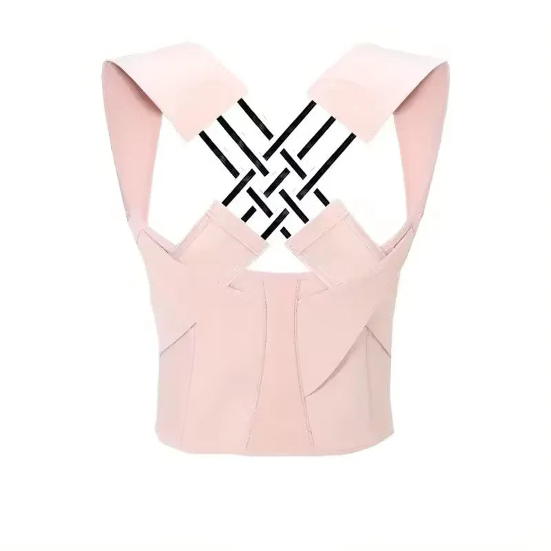 Colete corretor de postura rosa claro com alças largas e design ergonômico em fundo branco.