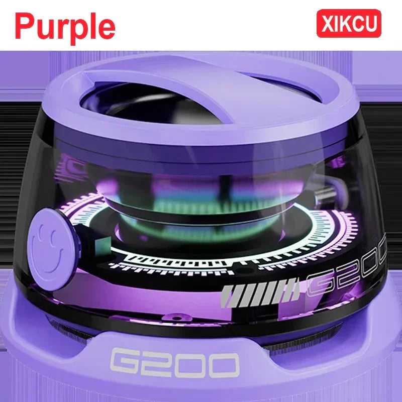 Mini ventilador roxo XIKCU G200 com design futurista e detalhes em LED