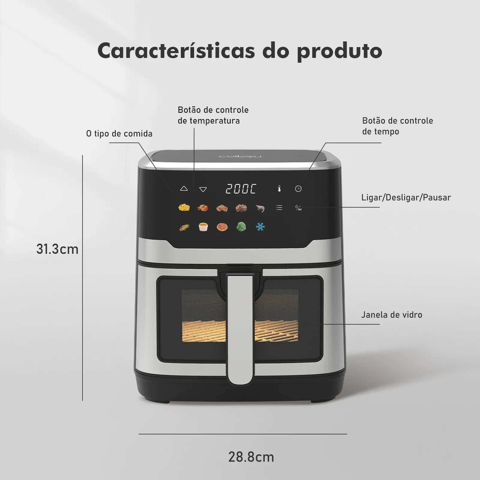 Fritadeira elétrica air fryer preta e prata com painel digital detalhado, dimensões 31,3cm x 28,8cm.