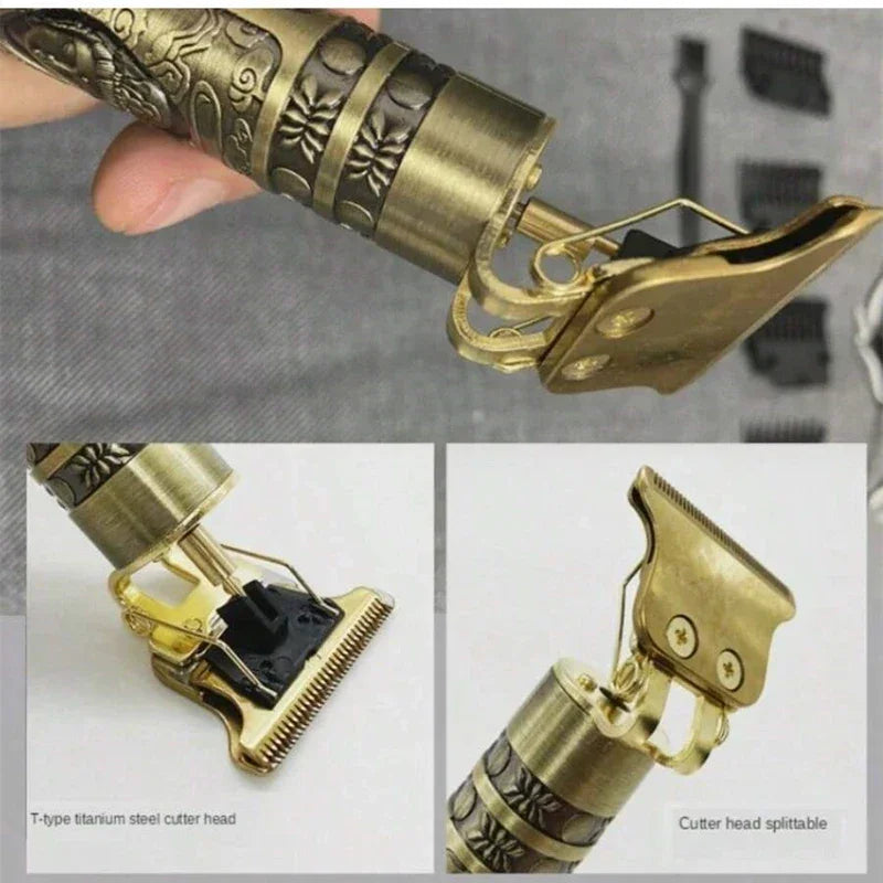Máquina de cortar cabelo dourada com detalhes gravados, cabeça de corte em titânio destacável.