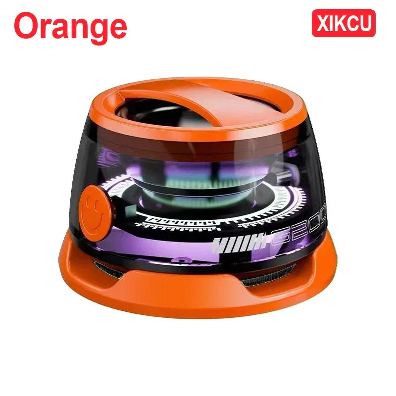 Caixa de som bluetooth laranja XIKCU com detalhes modernos e design transparente.