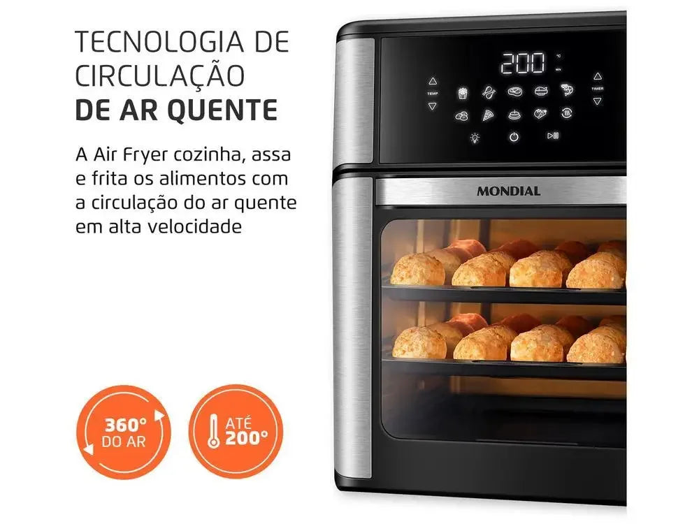 Air fryer Mondial inox com pães de queijo assando, painel digital e texto sobre ar quente