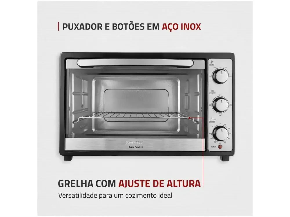 Forno elétrico inox com puxador, botões e grelha ajustável, painel com controles frontais.