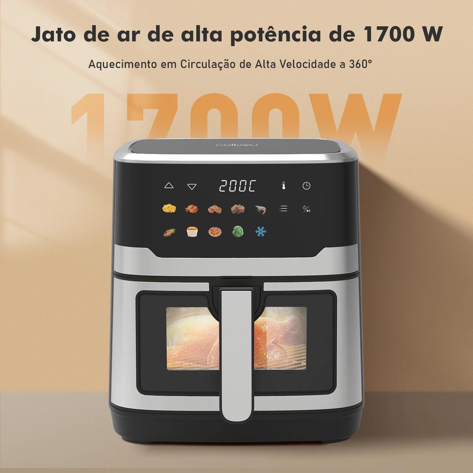 Fritadeira elétrica moderna de 1700W com display digital, alimentos assando, fundo bege
