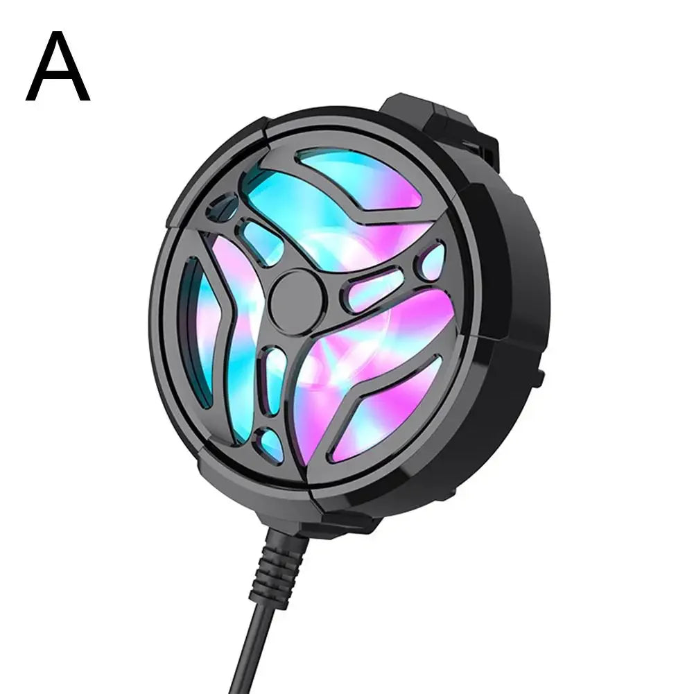 Cooler portátil preto com LED RGB colorido para celular, modelo A, fundo branco