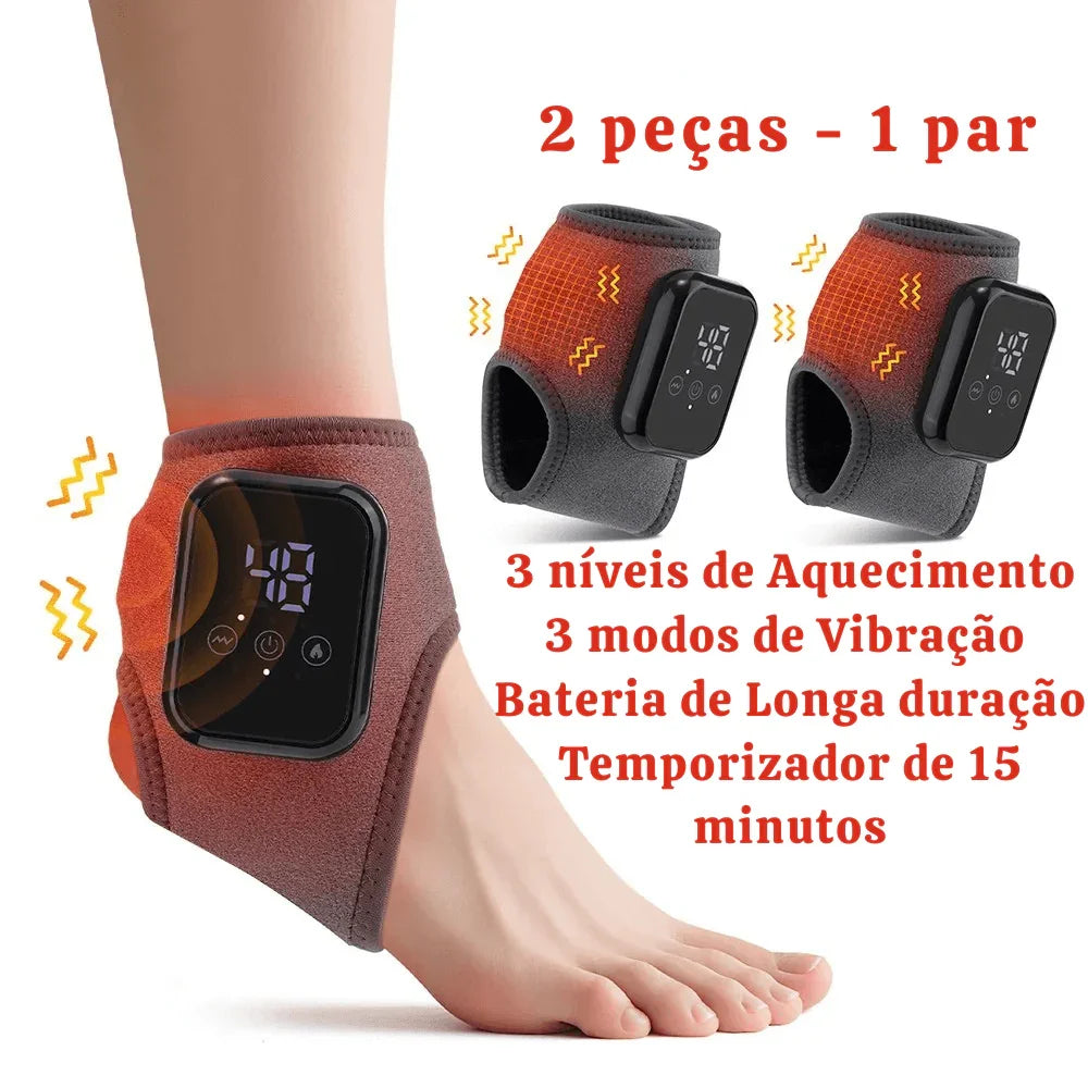 Tornozeleira ortopédica cinza com controle digital, aquecimento e vibração para alívio da dor.